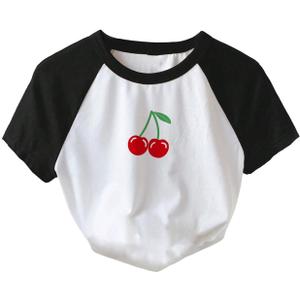 SweatyRocks Women's Color Block Cherry Graphic Tees Crop Top Summer Raglan Sleeve T Shirts (White, XS)