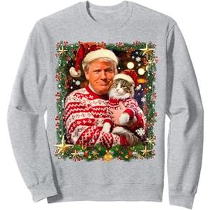Funny Trump Christmas Sweater for Cat Lovers Xmas Pajamas Sweatshirt Small Gray