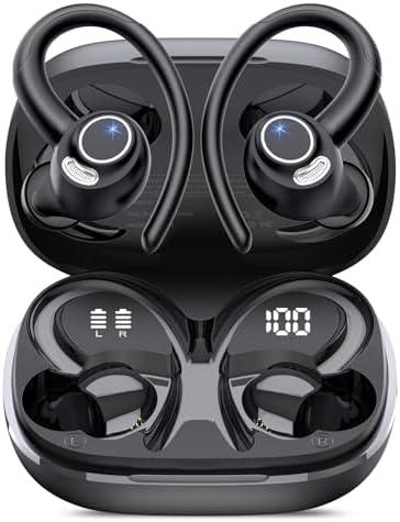 Wireless Earbuds, Bluetooth 5.4 Headphones Sport, Over Ear Buds With ENC Noise Cancelling Mic, 48H, Wireless Earphone With Earhooks, Stereo Deep Bass, IP7 Waterproof ear bud for Workout Running, Black