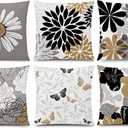 COMMINY Brown Black Pillow Covers 18x18 Set of 6, Daisy Flower Throw Pillow Cover Case Rustic Square Cushion Cover for Sofa Bedroom Living Room Farmhouse Home Decor