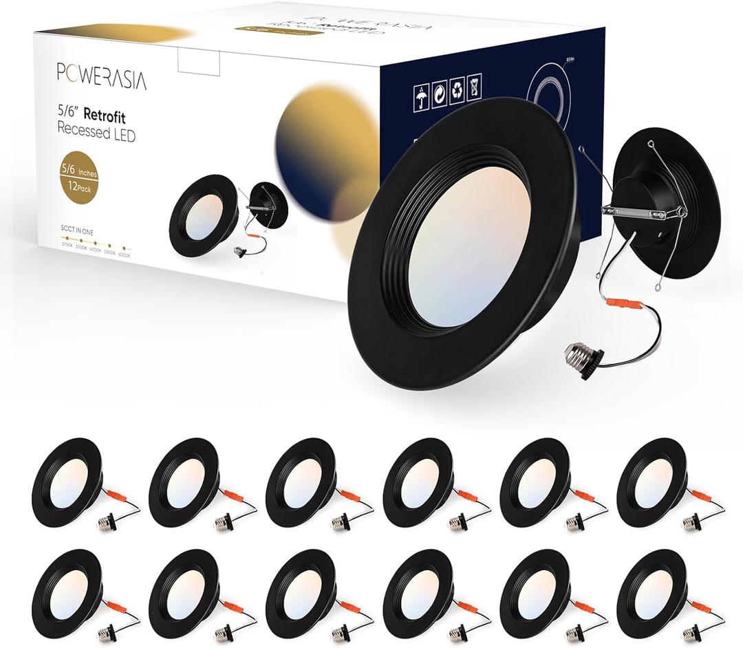 12 Pack 5/6 Inch Black LED Can Lights Retrofit Recessed Lighting, 5CCT 6 Inch Recessed Lights Selectable 2700K-6000K Dimmable, 12W=75W, 1200LM Downlight with Metal Smooth Trim-ETL and Energy Star