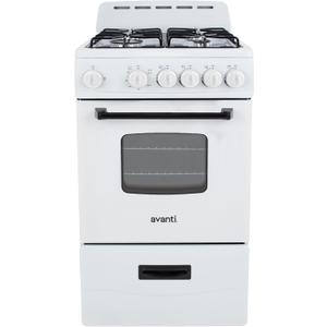 Avanti Gas Range Oven, Compact Freestanding Design, 4 Sealed Burners with Electronic Ignition, 2.1 Cu.Ft. Capacity Features Framed Glass Door Storage Drawer Broiler and Accessories, 20-Inch, White