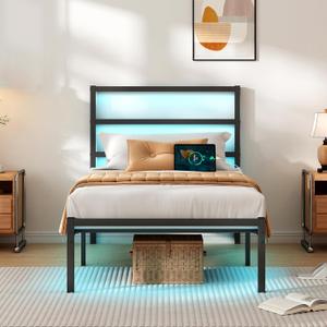 Twin Bed Frame with Headboard,Heavy Duty Steel Slats Support-LED Bed Frame with USB Charging Station,Mattress Foundation-Under Bed Storage,No Box Spring Needed,Noise FreeBlack