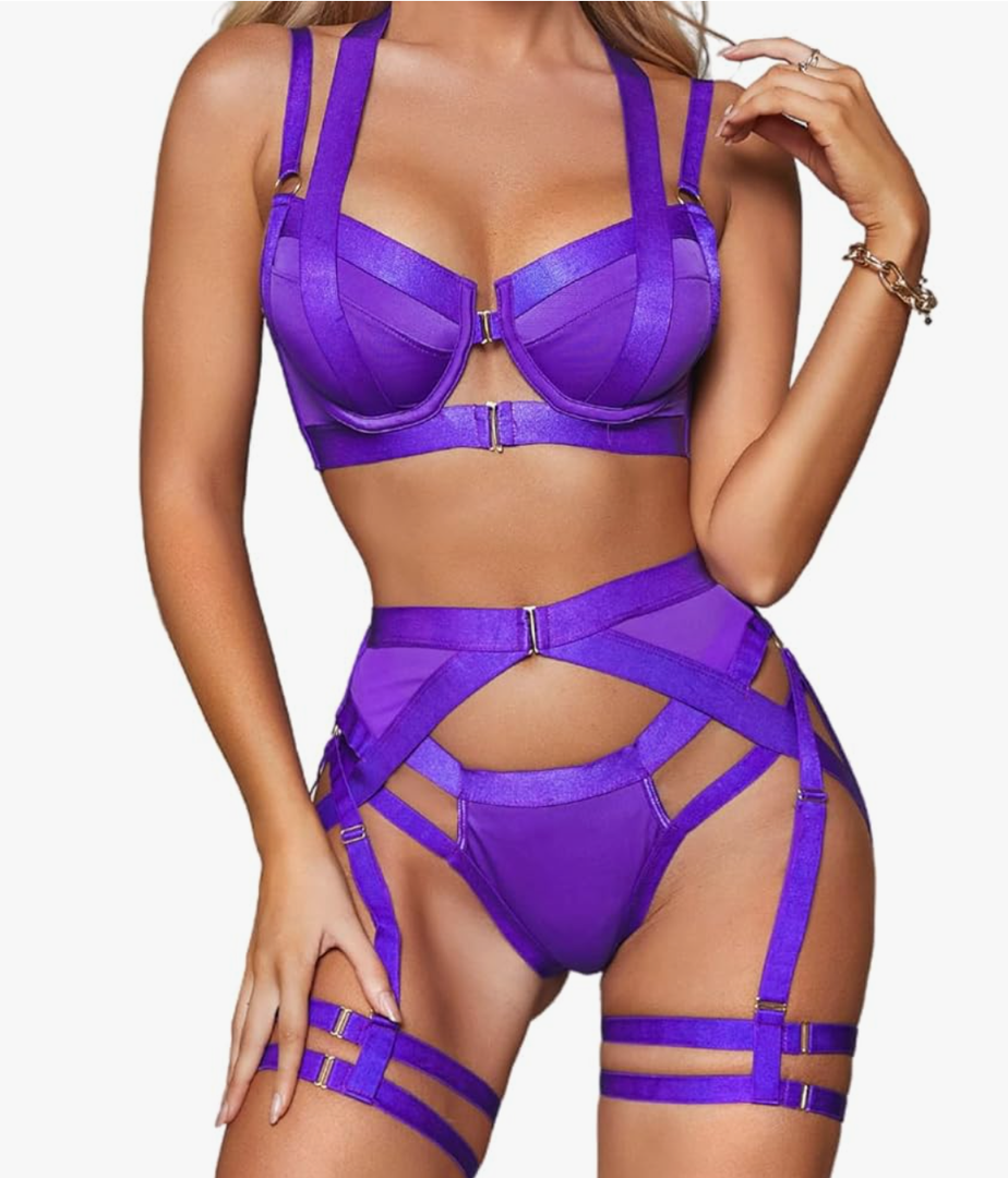 Kaei&Shi Strappy Harness, All Adjustable, Underwire Racerback, 4pc Garter Set M