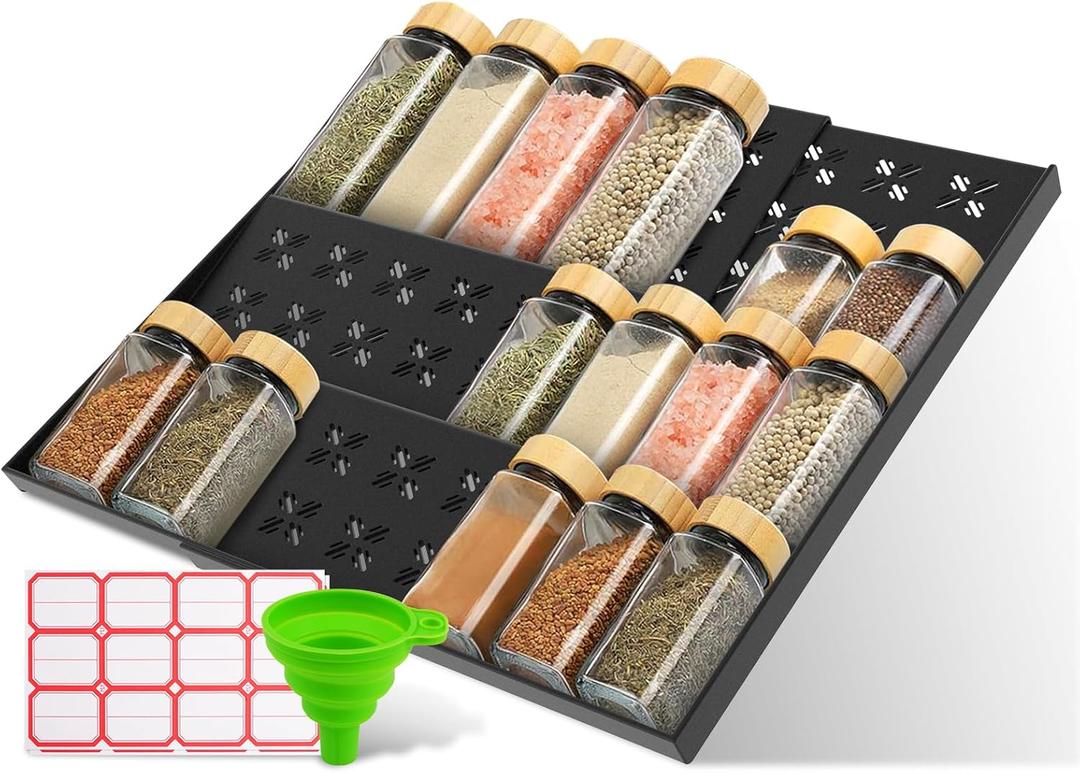 Spice Drawer Organizer 3-Tier Expandable (11"-22" Wide), Spice Rack for Cabinet with Funnel & Spice Labels, Fits Large Jars, Seasoning Storage Insert Design for Cabinet & Drawer (Black)