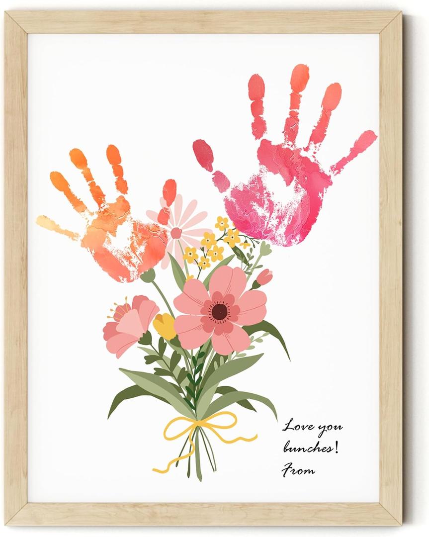 TwoDays Flower Bouquet Handprint Art Craft DIY Kit, Unique Gifts for Mom From Daughter or Son for Mother's Day Birthday Christmas, Gift for Grandma.(12" X 16", With Wood Frame)