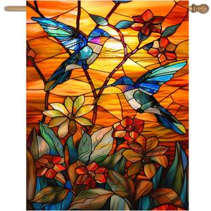 Stained Glass Hummingbird Garden Flag Spring Summer House Flag Fall Floral Decorative Yard Flags for Outside 28x40 Double Sided Large Seasonal Lawn Flags Rustic Outdoor Decor