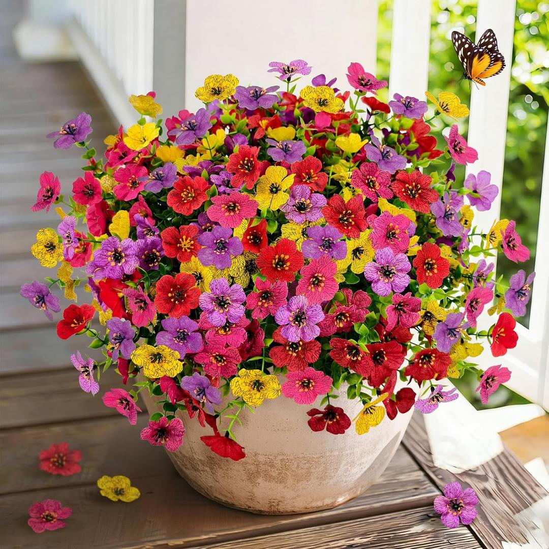 Artificial Flowers for Outdoors, 16 PCS UV Resistant Faux Plants with Fabric Flowers, Colorful Realistic Fake Flowers for Front Porch Garden Patio Balcony Planter Spring Summer Outside Decor (4 Purple,4 Red, 4 Yellow, 4 Hot Pink)