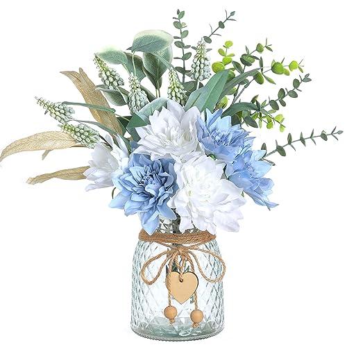 Faux Flowers with Vase,Artificial Silk Flowers in Vase, Fake Plant Eucalyptus and Willow,Flower Arrangement for Home Farmhouse Dining Table Centerpiece Decorations Coffee Table Decor (Dusty Blue)