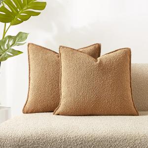 JUSPURBET Pillow Covers Set of 2 Decorative Throw Pillow Covers Case for Couch Sofa Bed Soft Boucle Textured Cushion Covers with Hidden Zipper for Home Decor Living Room 16x16,Camel
