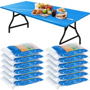 Boao 12 Pcs Plastic Table Cloths Disposable for Parties Picnic Table Covers with Elastic Fitted Elastic Desk Cover Rectangle Waterproof for Indoor, Outdoor, Picnic, Camping(8 Ft, 96 x 30 Inch,Blue)