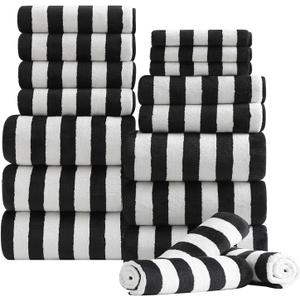 18 Pcs Black White Cabana Stripe Bath Towel Set with Hanging Loop-6 Bath Towels,6 Hand Towels,6 Washcloths Family Towels Set Bathroom Towel Highly Absorbent Quick Dry Shower Towel for Beach Spa Gym