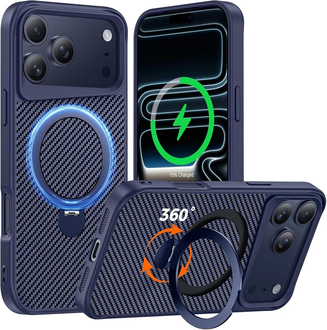 Designed for iPhone 17 Pro Case with 360 Magnetic Stand, Carbon Fiber Phone Case [Compatible with Magsafe] [15FT Military Protection] with Stand Ring 6.3'', Deep Blue