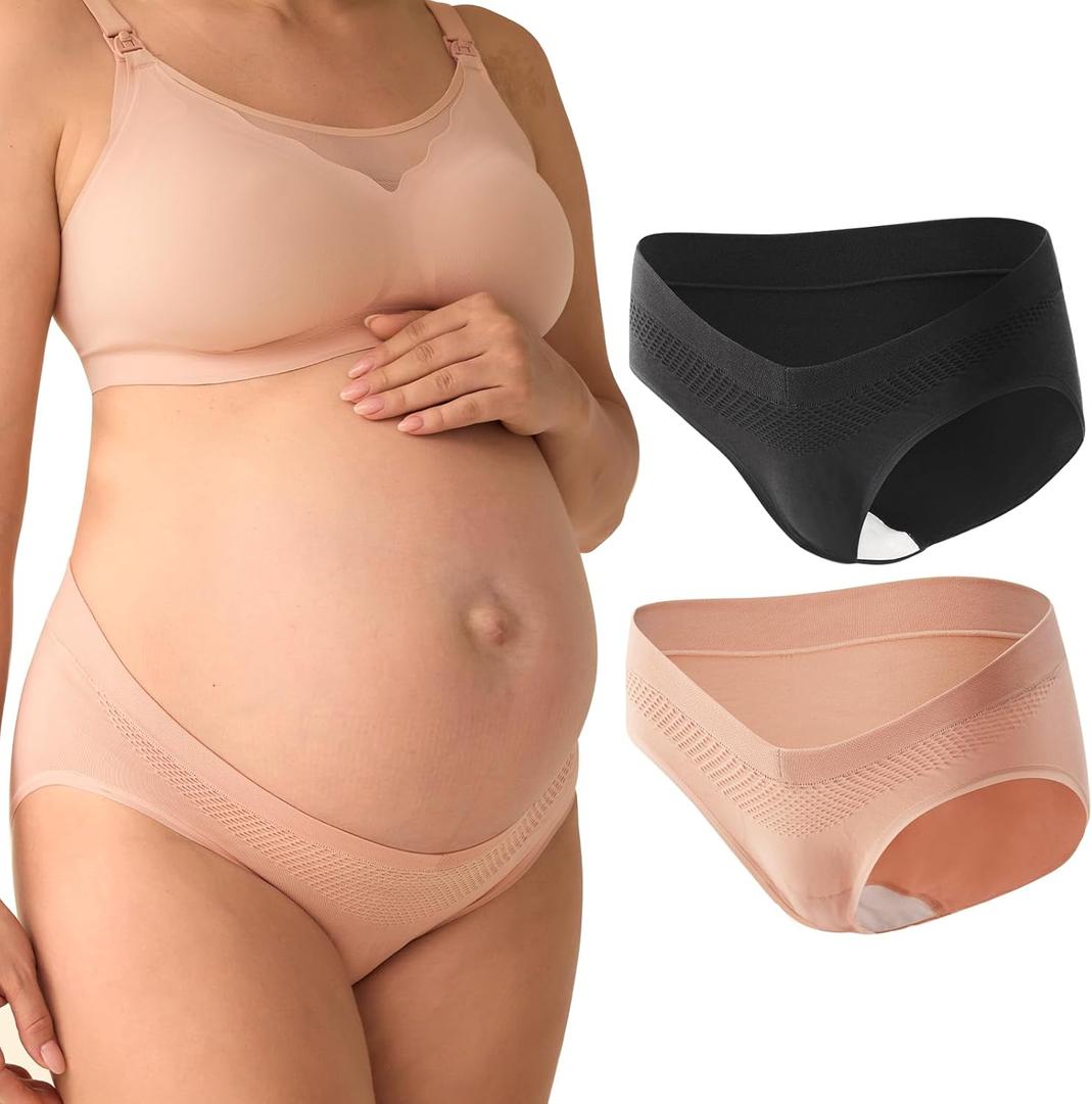 Momcozy Maternity Underwear Seamless, Pregnancy Postpartum Panties Under Bump Maternity Underwear Cotton, (2 Pack, Medium)
