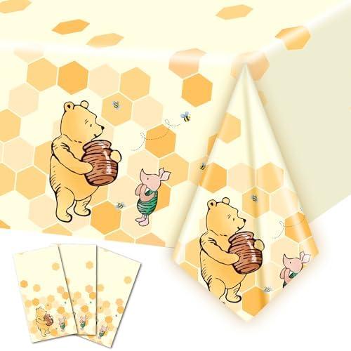 AURORAPARTY 3pcs Winnie Bear Baby Shower or Birthday Party Table Cover - Honey Plastic Rectangle, 54 x 108 Inches