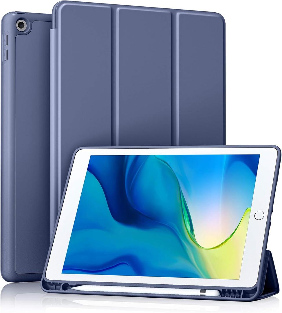 Akkerds Case Compatible with iPad 10.2 Inch 2021/2020/2019, for iPad 9th/8th/7th Generation Case with Pencil Holder, Protective with Soft TPU Back, Auto Sleep/Wake Cover, Blue Gray