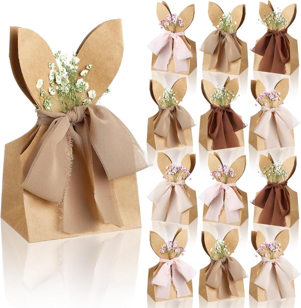 Affrolling 24 Set Boho Bow Easter Bunny Party Favor Bags DIY Bunny Gift Boxes with Neutral Bow Ribbon and Dried Flowers Rustic Paper Rabbit Ears Treat Bags Bulk for Easter Spring (Brown)