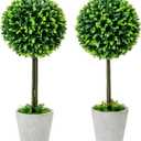 MyGift 15 Inch Artificial Boxwood Topiary Tree - 2 Pack Potted Faux Plant Balls in Gray Pulp Planter, Tabletop Home Decor
