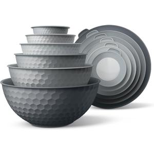 COOK WITH COLOR Mixing Bowls with Lids - 12 Piece Plastic Nesting Bowls Set includes 6 Prep Bowls and 6 Lids, Microwave Safe Mixing Bowl Set, Grey Embossed