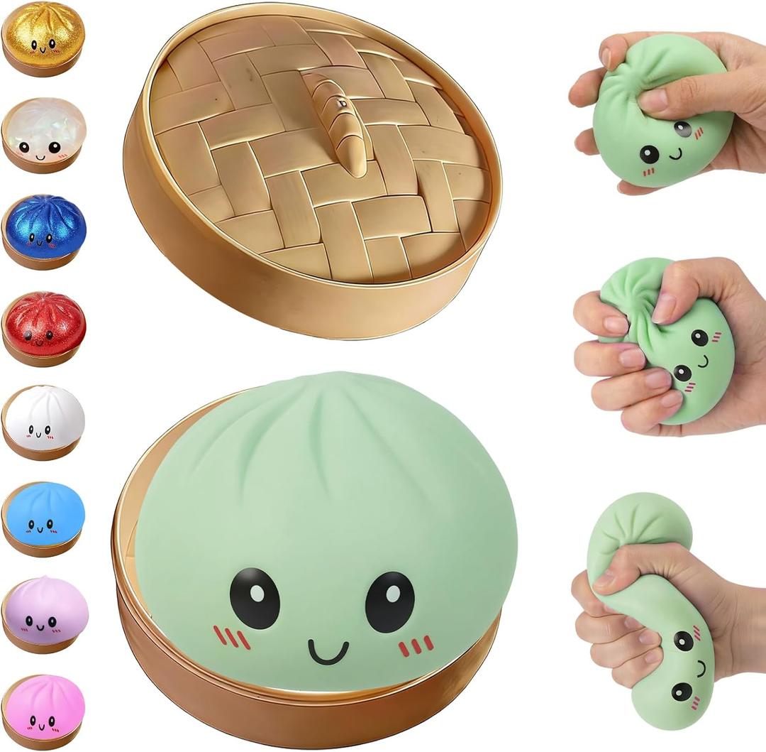Glitter Dumpling Squishy,Dumpling Squishies,Glitter Dumpling Mystery Box,Colorful Dumpling Stress Balls Fidget,Jumbo Squishy Toy with Steamer Box,Soft Squeeze Decompression Dough (Green)