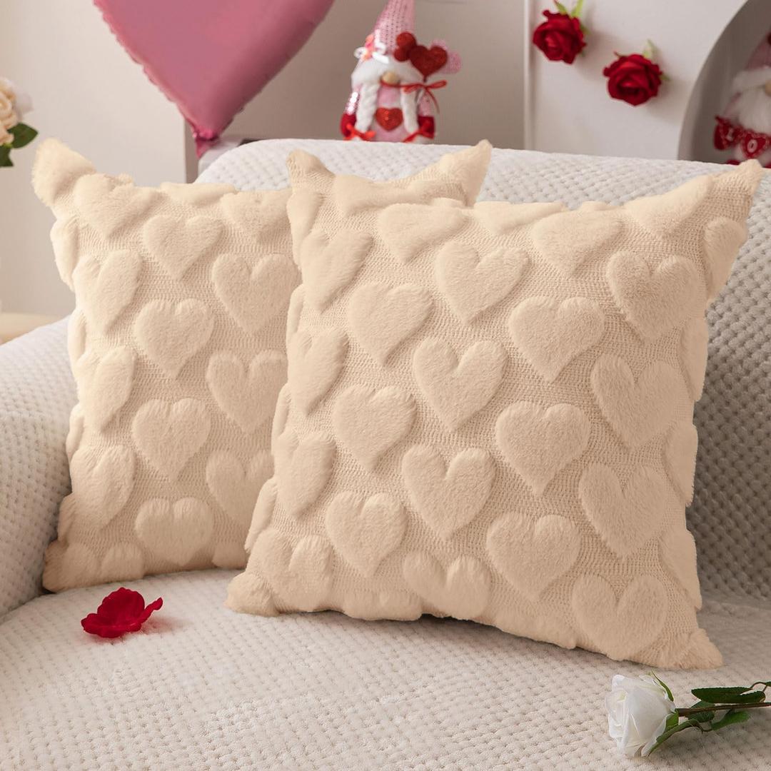 DFXSZ Valentines Pillow Covers 16x16 inch Set of 2 Valentines Day Decoration Beige Heart Soft Plush Faux Fur Jacquard Throw Pillows for Bedroom Sofa Holiday Festivals Home Decor PTK017D16
