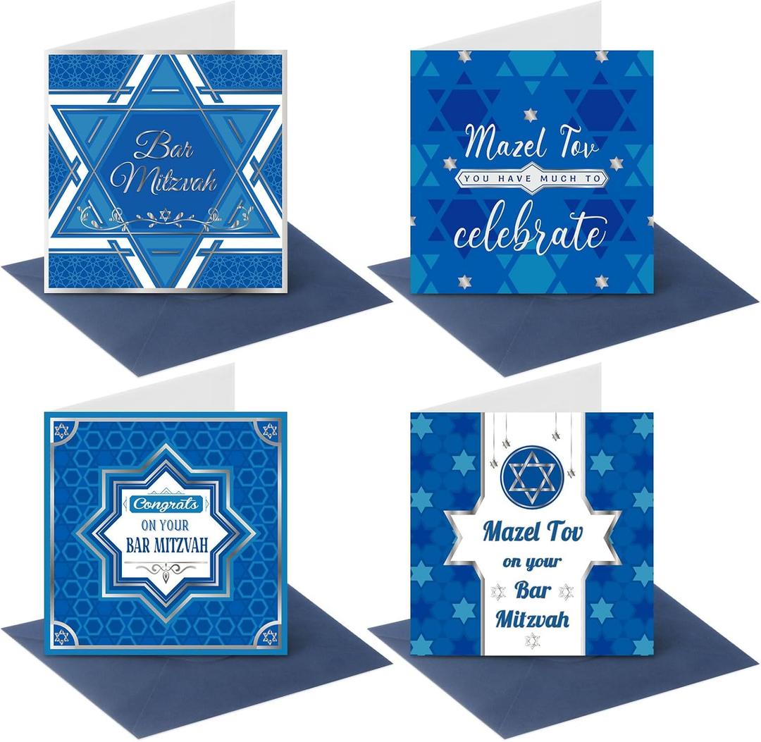 12 Pack Blue Bar Mitzvah Cards Bat and Bar Mitzvah Boxed Paper Star of Design Congratulations Jewish Greeting Cards with Envelopes
