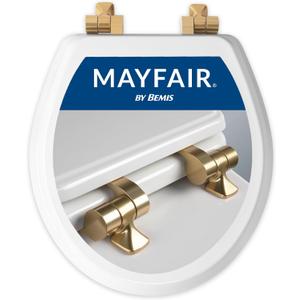 Mayfair Bennett Toilet Seat with Brushed Gold Hinges, Slow Close Wood Seat, Secure Metal Hinges, Easy Install, Made in USA, Round, White