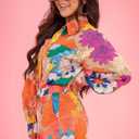 Molilove Women's Summer 2 Piece Outfits Print Button Down Shirt Shorts Pockets Long Sleeve Beach Vacation Going Out Outfits XL