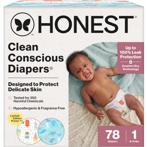 The Honest Company Clean Conscious Diapers for Delicate Skin | Up to 100% Leakproof | Hypoallergenic, Fragrance Free | Summer '25 Limited Edition Prints | Club Box, Size 1 (8-14 lbs), 78 Count