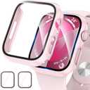 2 Pack Hard PC Case for Apple Watch Series 9 Series 8/7 45mm Screen Protector, EWUONU Tempered Glass Film Hard Bumper Anti-Scratch HD Ultra-Thin Protective Cover for iWatch Series 9/8/7 45mm, Pink