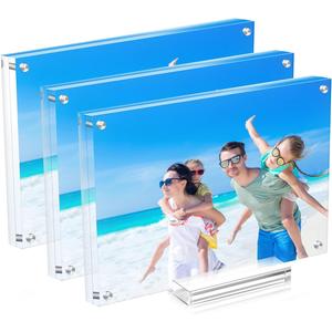 3 Pack Acrylic Picture Frame 810 Clear Double Sided Magnetic Photo Frame - Frameless Baby Friend Family Picture Desktop Display with Support Stand and Gift Boxes