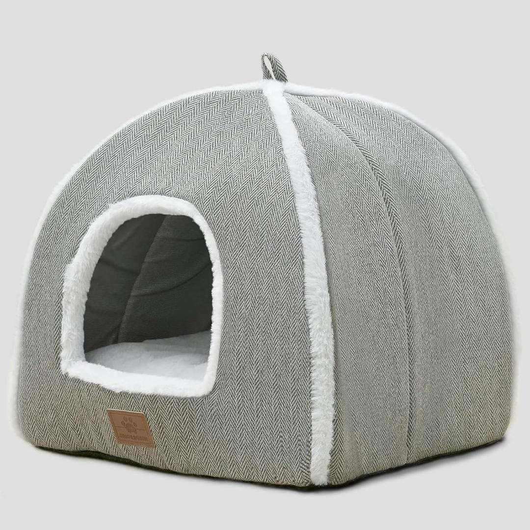 Cat Beds for Indoor Cats-Cat Bed Cave House Tent for Kittens and Small Pets with Washable Cushioned,Soft and Warm Indoor House, Grey, 15 inches
