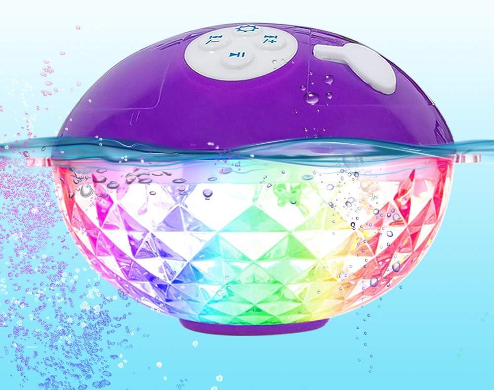 Blufree Floating Pool Speakers with Colorful Lights, Bluetooth Wireless Pool Speaker Floatable IP68 Waterproof, Built-in Mic & Crystal Clear Sound Bluetooth Hot Tub Speaker for Pool Party Outdoors (Purple)