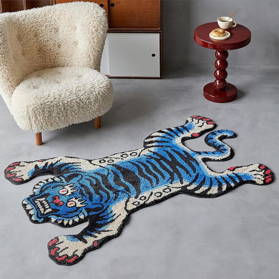 5x3.3 ft Tibetan Tiger Area Rug Tufted High Pile XLarge Indoor Machine Washable Carpet with Nonslip TPR Backing - Bedroom, Bathroom, Living & Dining Room Home Dcor, Blue