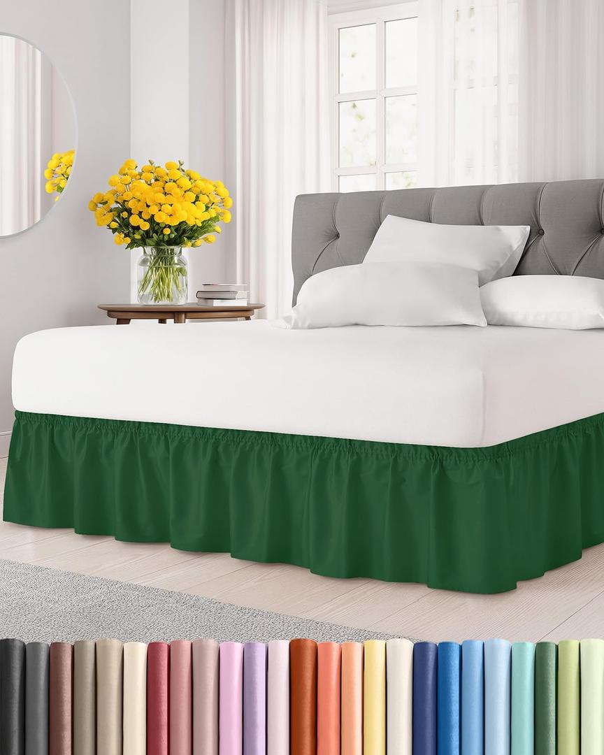 Wrap Around Dust Ruffle Bed Skirt - Emerald - for King Size Beds w/ 15 Inch Drop - Easy Fit Elastic Strap - Adjustable Pleated Bedskirt w/Brushed Fabric - Wrinkle Free - for Women, Men, Kids & Teens