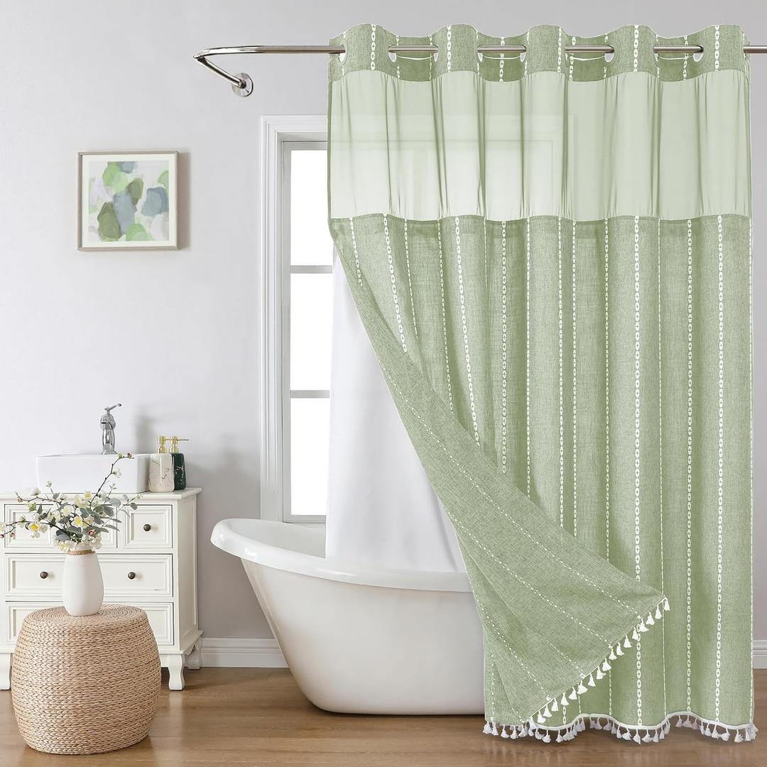 Sage Green Farmhouse No Hook Shower Curtain Set with Snap-in Fabric Liner,Boho Heavy-Duty Linen Textured Rustic Striped Design,Water-Repellent with Tassels and Sheer Window,71x74