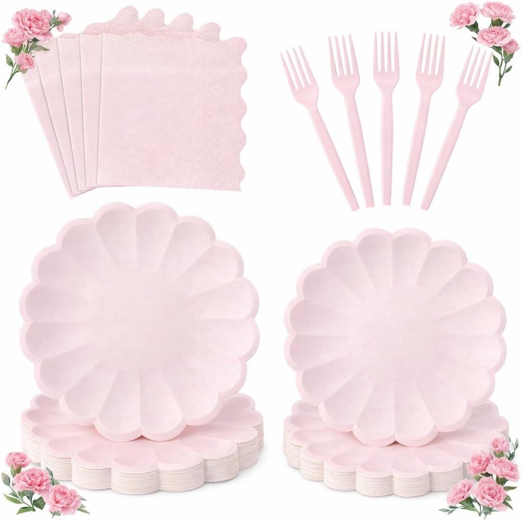96 Pcs Pink Paper Plates and Napkins Party Supplies Serve 24 Guests Include Scalloped Mothers Day Plates 9.5", Dessert Plate 7.5", Napkins Plastic Forks for Baby Bridal Shower Wedding Birthday
