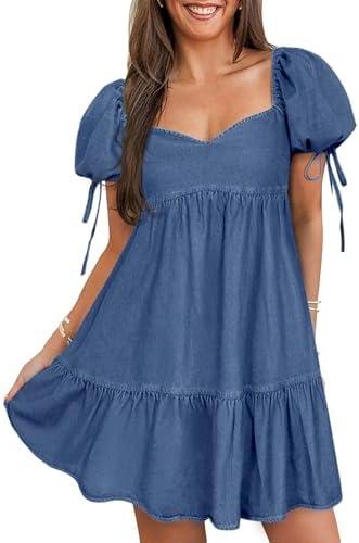 POTILI Denim Dress for Women Puff Short Sleeve Jean Dresses Sweetheart Neck Denim Mini Dress, M
