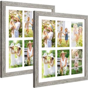 13x13 Collage frame with 6 Openings 4X6 Pictures, Multiple Picture Frame with Mat, Wall or Tabletop Decor, Grey Wood Grain,2 Pack
