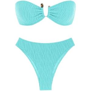 ZAFUL Women's Strapless Ribbed V Wired Lace Up Ruffle Tie High Cut Bandeau Swimsuits Bikini Set Size L
