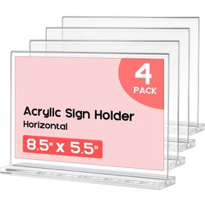 Vowcarol Acrylic Sign Holder 8.5x5.5 Inch - 4 Pack, Horizontal T Shape, Double-Sided Desktop Display Stands Menu Holder