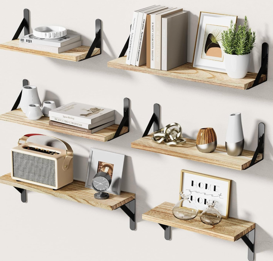 AMADA HOMEFURNISHING Floating Shelves for Wall - Wood Wall Shelves for Room Set of 6 - Wall Shelf for Bathroom, Bedroom Storage, Living Room and Kitchen Wall Decor