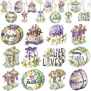 24 Pcs Easter Wooden Ornaments Vantage Easter Decorations for Tree Farmhouse Spring Hanging Ornaments Cross Eggs Flower Religious Wood Cutouts Sign Decor with Rope for Home Indoor Party Holiday Crafts