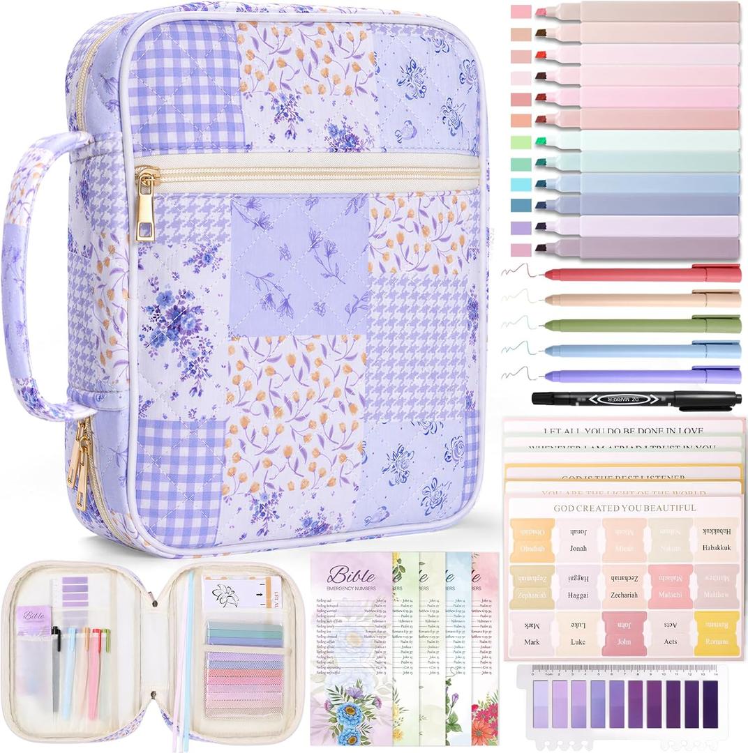 XKDOUS Bible Cover for Women Church Book Holder Quilted Carrying Case with Handle, Tabs, Study Supplies Portable Bible Bag Journaling Kit Christian Gifts for Mom Lady