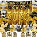 Graduation Decorations 2026, Class of 2026 Party Decorations Set with Banner, 2026 Balloons, Foil Curtains, Hats & Glasses, Black Gold Graduation Party Supplies for High School & College