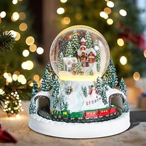 Christmas Snow Globes Moving Train in Village Houses Snowman Christmas Snow Globe with 8 Songs Color Changing Battery Operated Musical Box for Christmas Home Party Décor