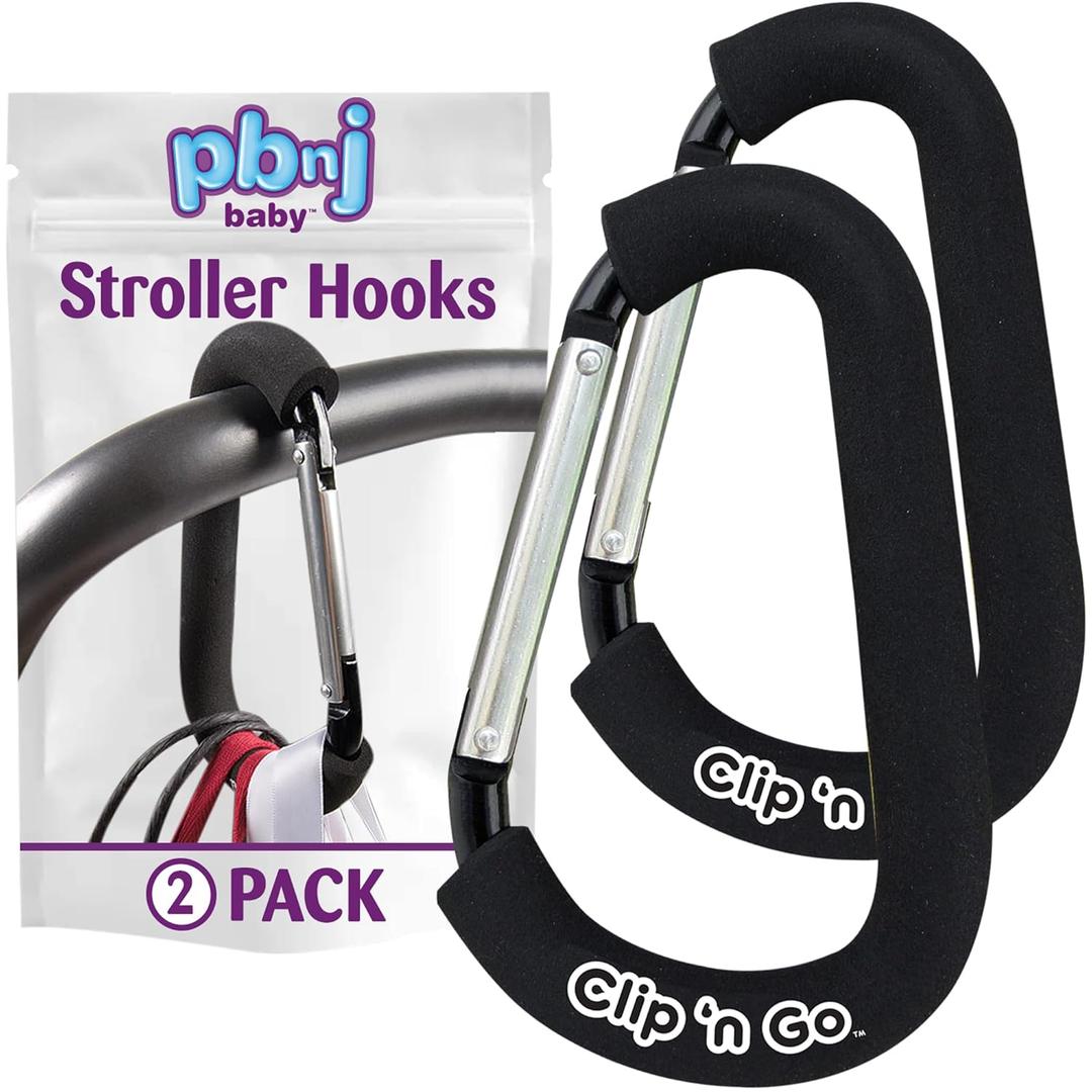 PBnJ Baby Stroller Hooks, 6.6" Extra Large Carabiner Clip, 2 Pack Heavy Duty Stroller Clips for Hanging Bags, Patented Foam Handle Mommy Hook, Stroller Accessories for Shopping Purse Grocery Bag