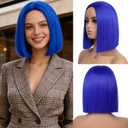 Dark Blue Bob Wigs for Women Girls Costume Heat Resistant Synthetic Hair Women's Costume Wigs Cute Middle Part Fashion Colored Bob Wigs for Fun Cosplay Halloween Party(12inch)