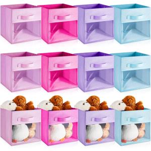 Marsui 12 Pcs Clear Storage Bins Collapsible Cube Fabric Storage Organizer Bin with Window for Kid Room Daycare Nursery Playroom(Blue, Purple, Rose, Pink,Solid)
