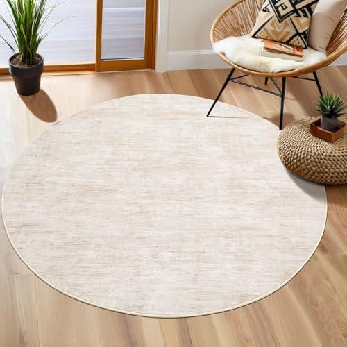 RUGSREAL Washable Round Rug 4x4 ft for Living Room Modern Round Rug Small Bedside Carpet with Rubber Backing Stain Resistant Small Entry Mat Neutral Circle Rug for Bedroom Nursery Home Decor, Beige